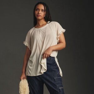 ANTHROPOLOGIE Short-Sleeve Spliced Ruffled Tee in Cream size XS